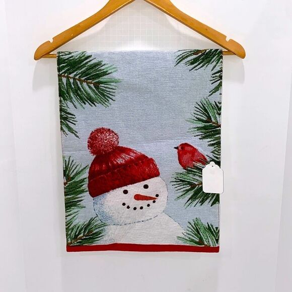 Holiday Tapestry Table Runner Snowman With Cardinal Sitting On Pine Tree Branch - Picture 1 of 6